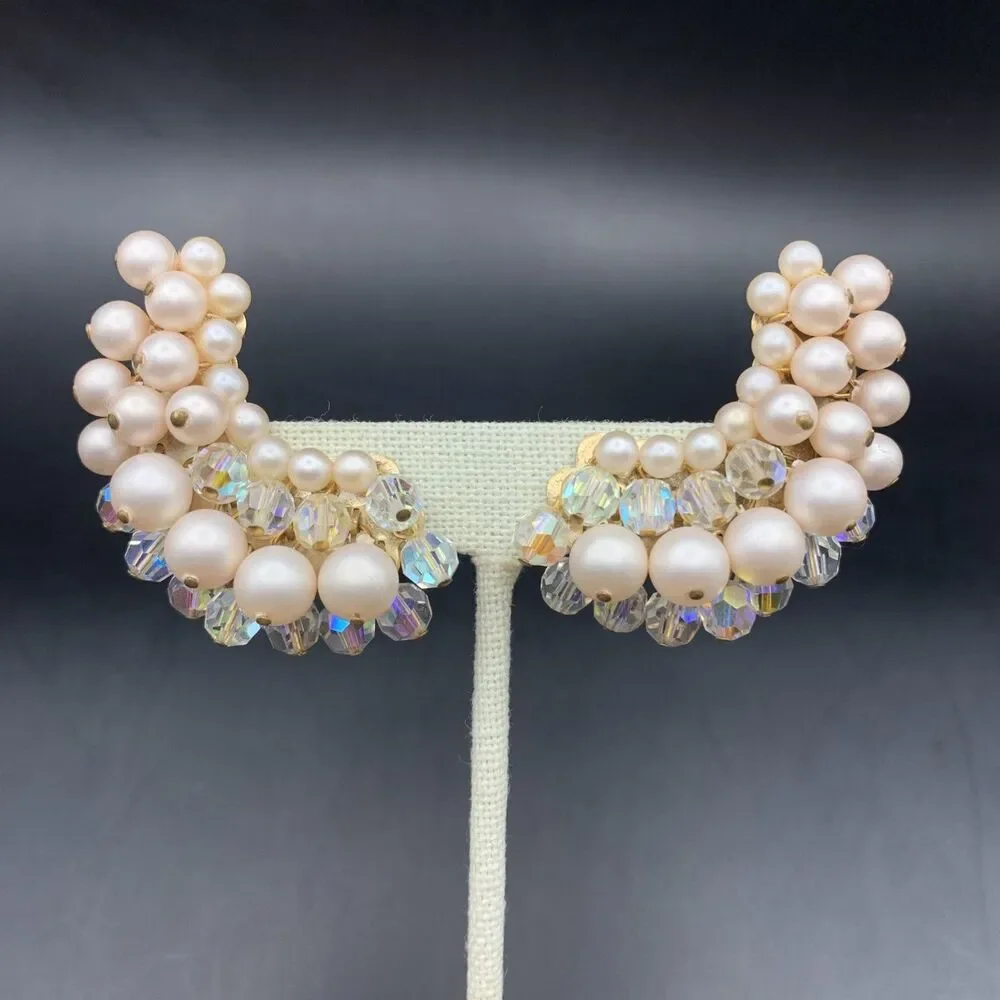 Faux Pearl Aurora Borealis Climber Clip On Earrings Crawler Cluster Vintage